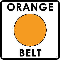 Sign labeled Orange Belt with orange circle in middle, from the Allegheny County Belt System of county roads in Pennsylvania